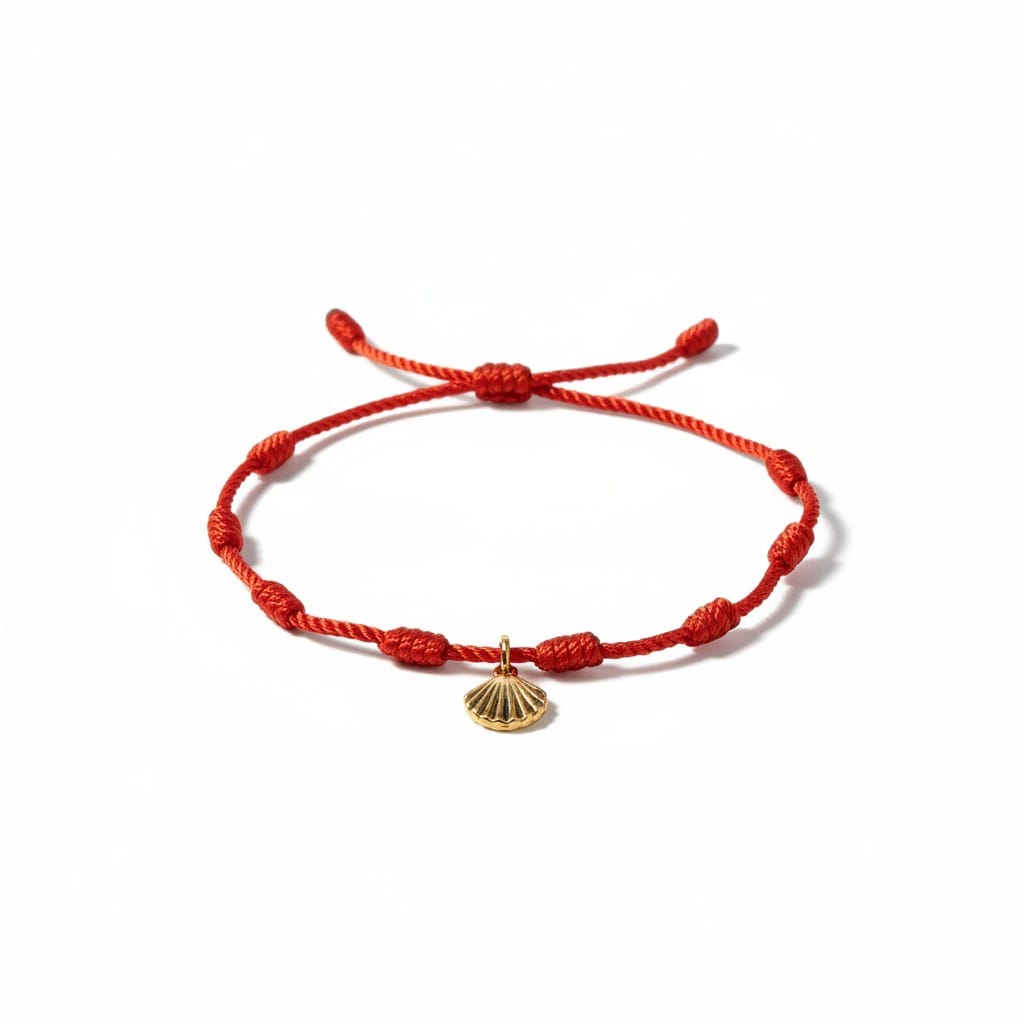 Bracelet rouge 7 nœuds avec Coquille Dorée