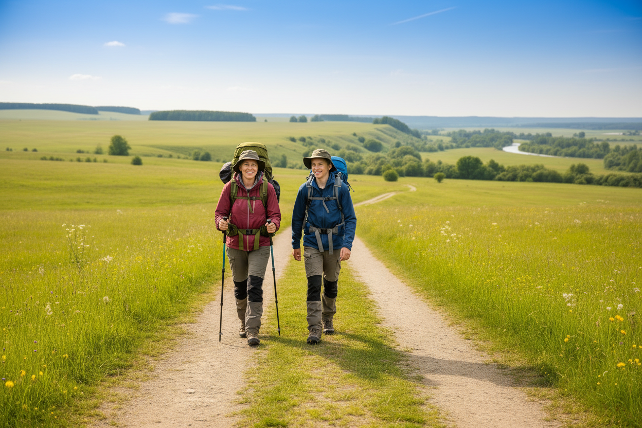 Adulte et adolescent en randonnée sous ciel bleu