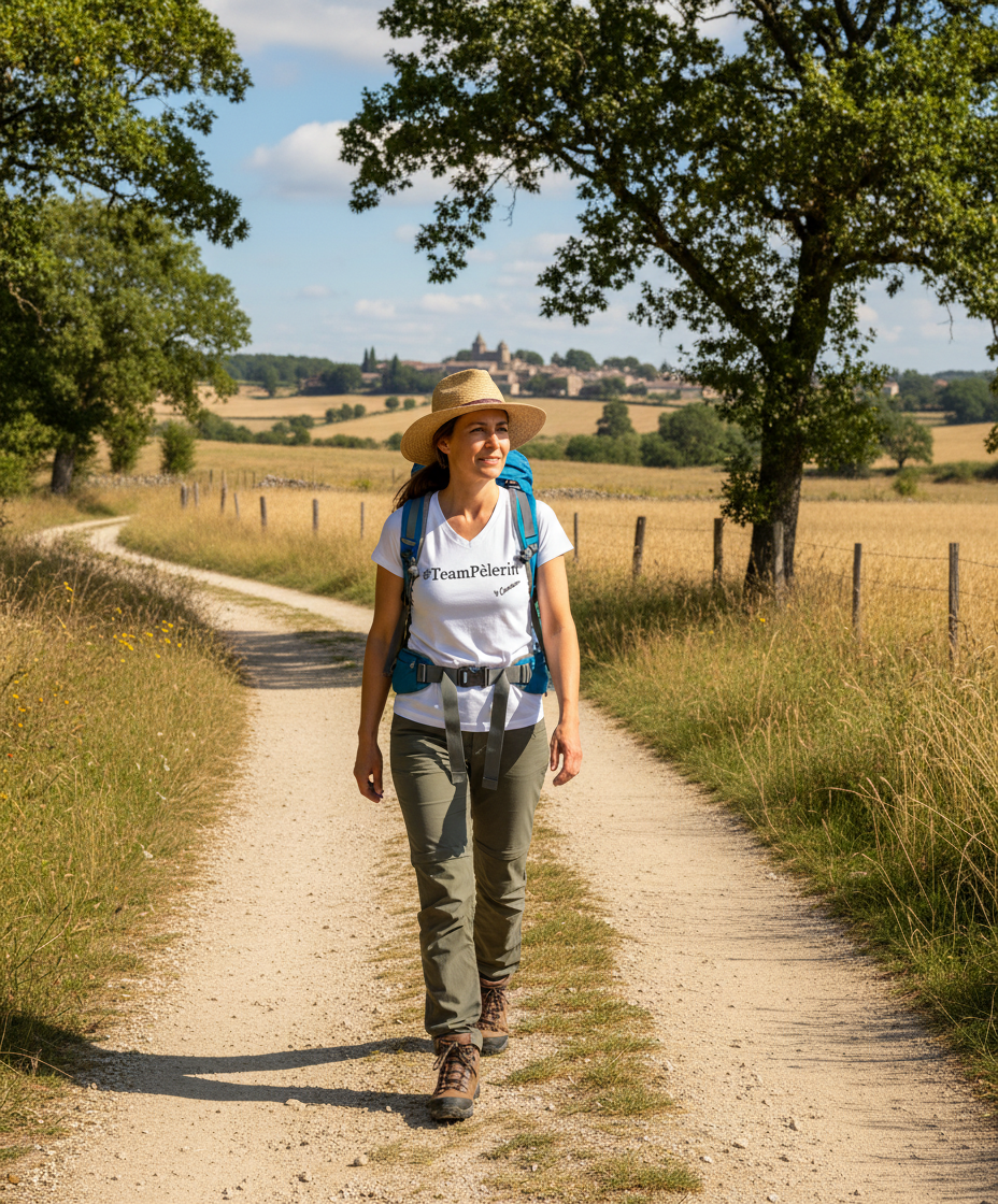 T-shirt TeamPèlerin blanc femme sur chemin de campagne