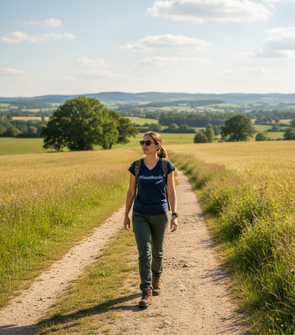 T-shirt TeamRando bleu femme sur chemin de campagne